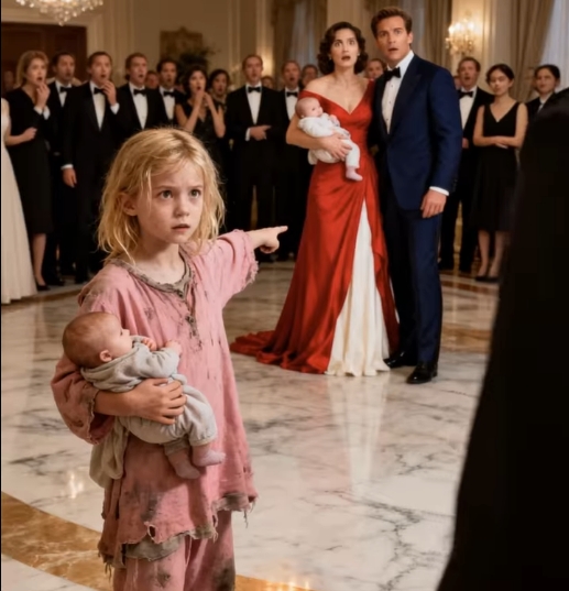 En miljardär firade sin förlovning – tills en hemlös flicka kraschade festen med en bebis i famnen och pekade på bruden, vilket fick hela rummet att frysa till is…