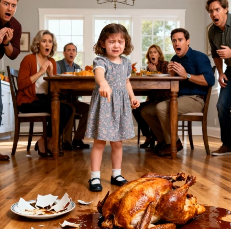 Under Thanksgiving-middagen skrek min femåriga dotter plötsligt, rusade fram till bordet och slängde hela kalkonen rakt ner på golvet. Tystnaden som följde var total. Jag hukade mig ner och frågade så mjukt jag kunde: ”Älskling, varför gjorde du det där?” Hon tog ett djupt andetag och höjde händerna triumferande. ”För att jag räddade er alla!” Ingen förstod vad hon menade… inte förrän hon viskade något som fick hela rummet att frysa till is.