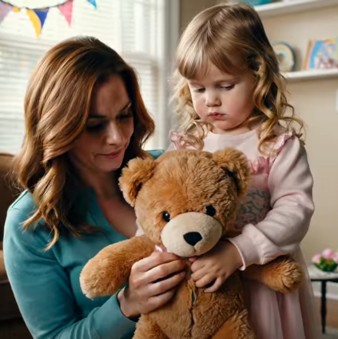 På min dotters 6-årsdag skickade mina svärföräldrar henne en jättesöt brun nallebjörn. Hon var först exalterad – sedan stelnade hon plötsligt till. ”Mamma… vad är det här?” Jag hukade mig ner för att titta närmare – och blev blek. Jag skrek inte. Jag bråkade inte. Jag hanterade det tyst. Tre dagar senare stod polisen vid deras ytterdörr… – Nyheter